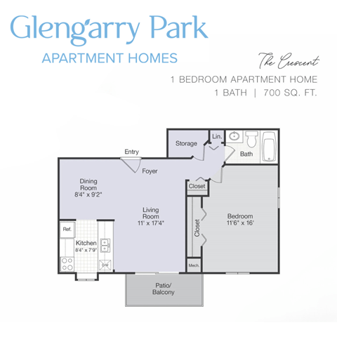 Floor plan for 1 bed, 1 bath, 700 sqft
